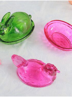 生肖兔子玻璃储物盒化妆盒带盖首饰便签盒糖果零食收纳香皂盒摆件