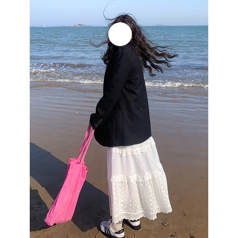 白色花边蛋糕裙长款女夏季大码海边度假高腰显瘦温柔风a字半身裙