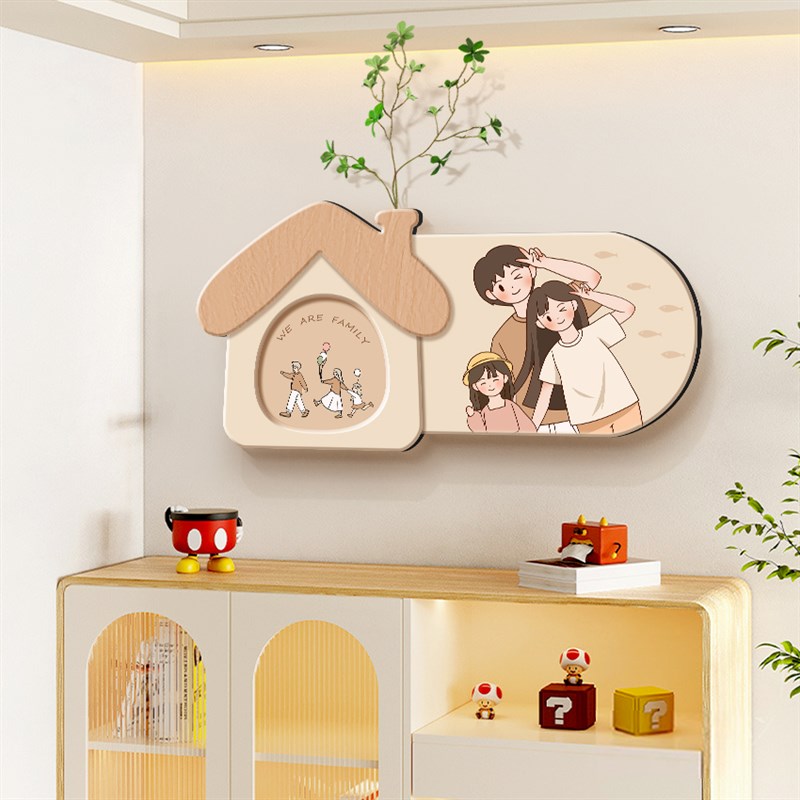 一家三四口餐厅装饰画入户玄关柜上饭厅挂画客厅餐桌背景墙面壁画