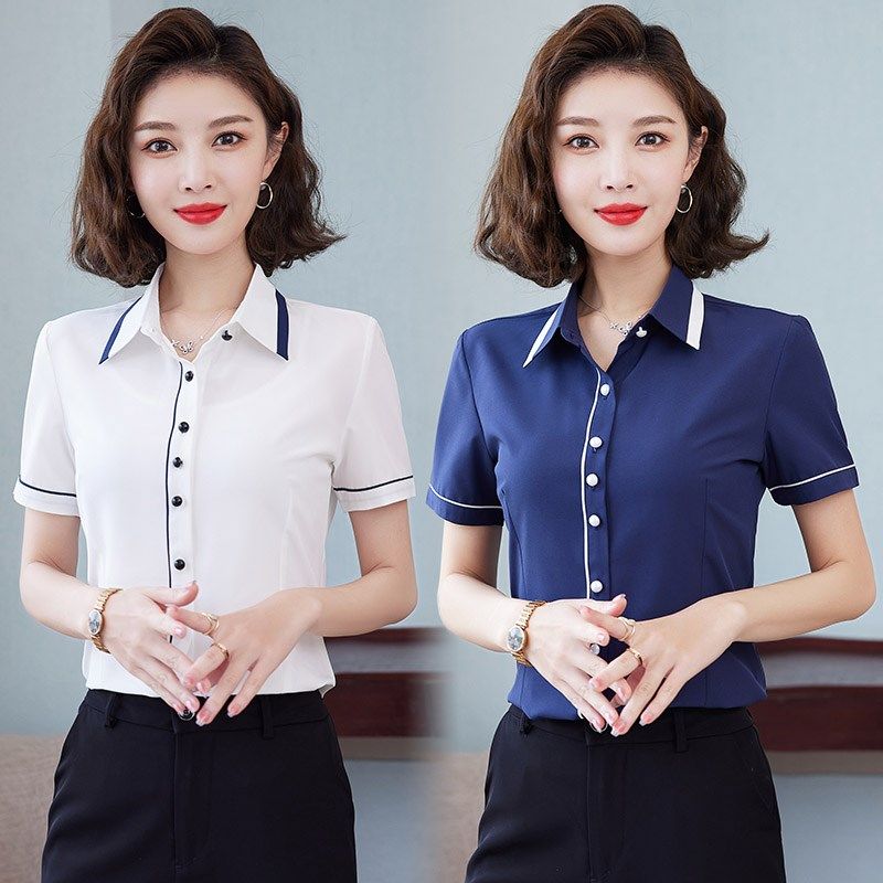 白色短袖衬衫女职业装蓝色女士修身显瘦工装工作服正装衬衣夏季寸