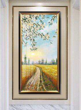 油画入户玄关装饰画风景抽象画竖版2021新款过道走廊墙面挂画美式