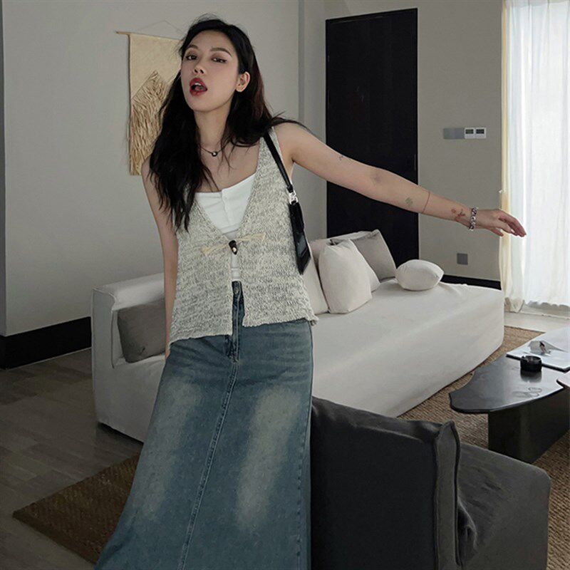 复古宽松v领针织小开衫马甲女夏薄款牛角扣无袖叠穿上衣背心外搭