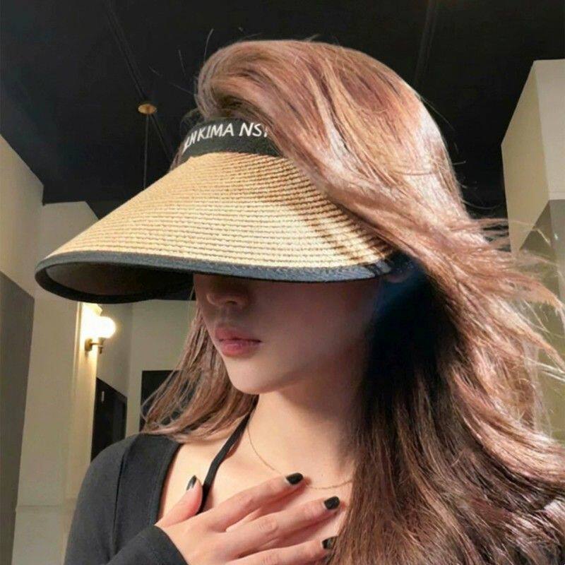 发箍式大帽檐草帽子遮阳帽女防晒防紫外线夏季户外空顶黑胶太阳帽