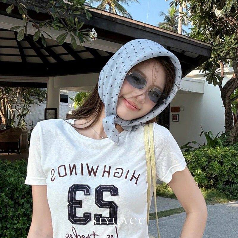 韩版灰色波点丝巾女ins春夏薄款方巾小清新甜美方巾遮阳头巾配饰