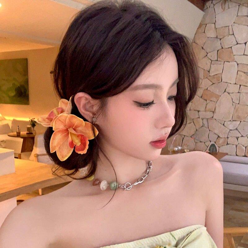 【蜜桃茶】夏天超仙浪漫蕙兰花朵发夹侧边夹后脑勺头花发卡发饰女