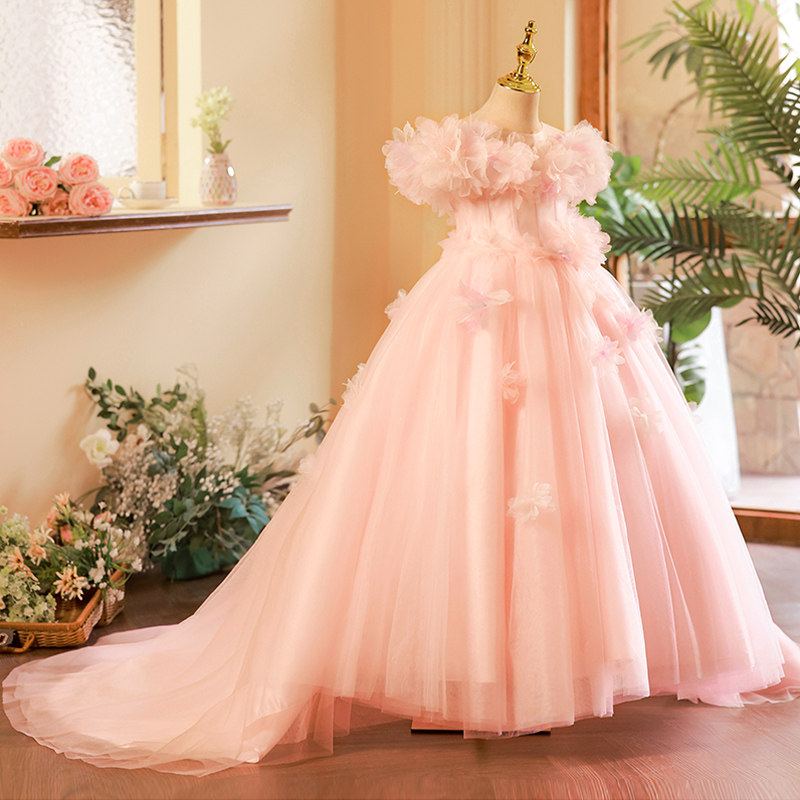 女童礼服粉色儿童走秀拖尾夏公主裙钢琴主持人演出服轻奢小众高端