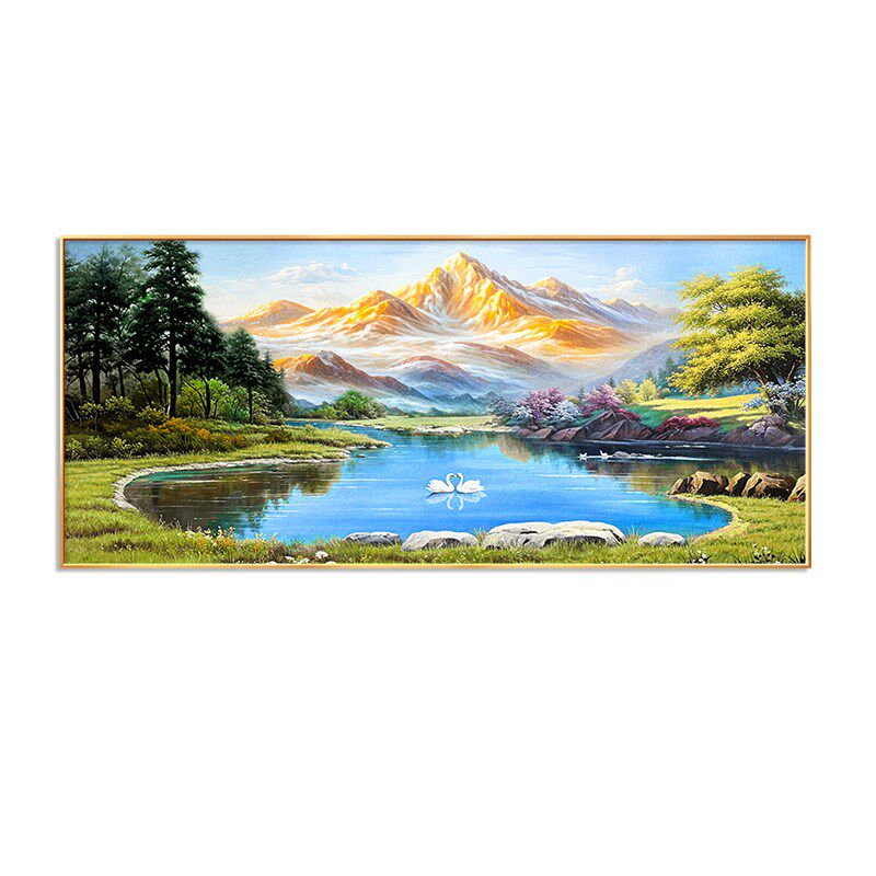 日照金山客厅装饰画手绘油画沙发背景墙挂画天鹅湖山水聚宝盆壁画