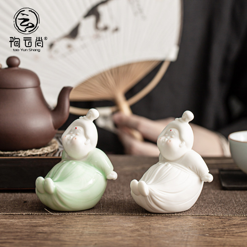 创意可爱手工陶瓷唐女笔托茶宠摆件文房用品茶搁搁笔架家居小摆件