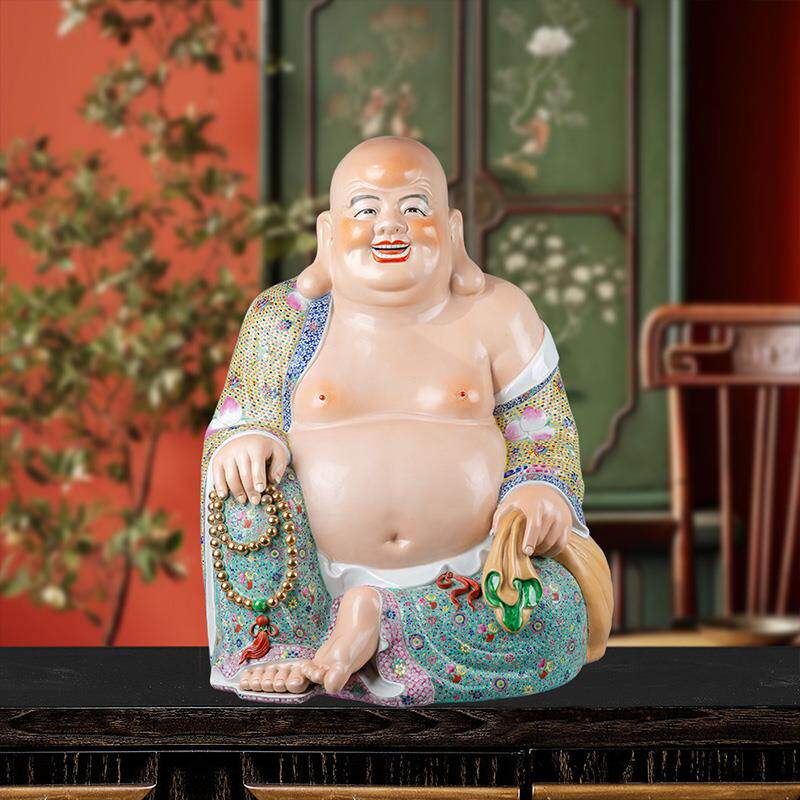 景德镇陶瓷手工雕刻绘画五子登科佛笑口弥勒佛多子佛客厅供奉摆件