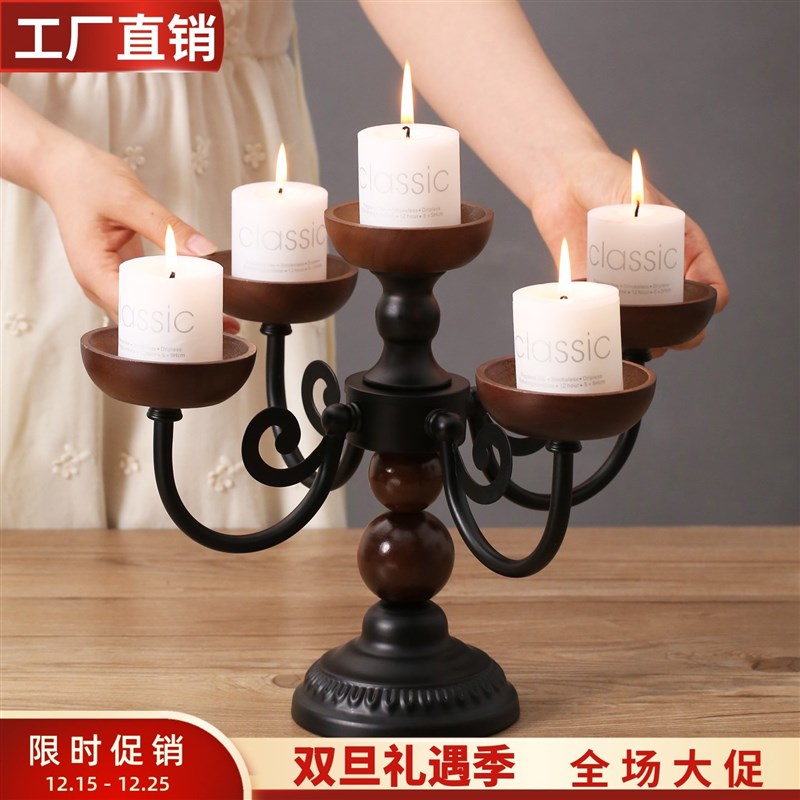 中古风高级感黑色金属胡桃木色三五头蜡烛台法式复古餐桌装饰摆件