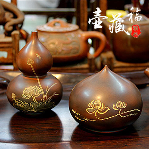 钦州坭兴陶茶宠摆件 观音水滴 福禄葫芦 窑变 精品茶具  紫泥