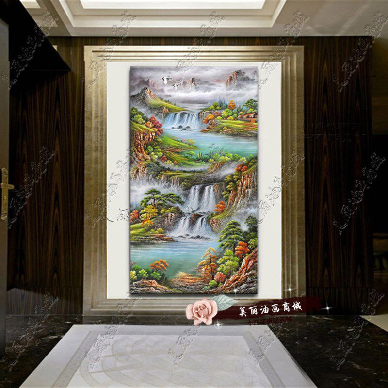 竖版手绘油画聚宝盆客厅山水风景画有框画沙发背景挂画酒店包邮