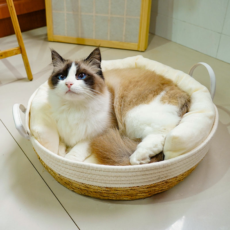 藤编猫窝吊篮夏季手工编织藤窝日式简约小猫咪窝蒲草凉席圆形狗窝