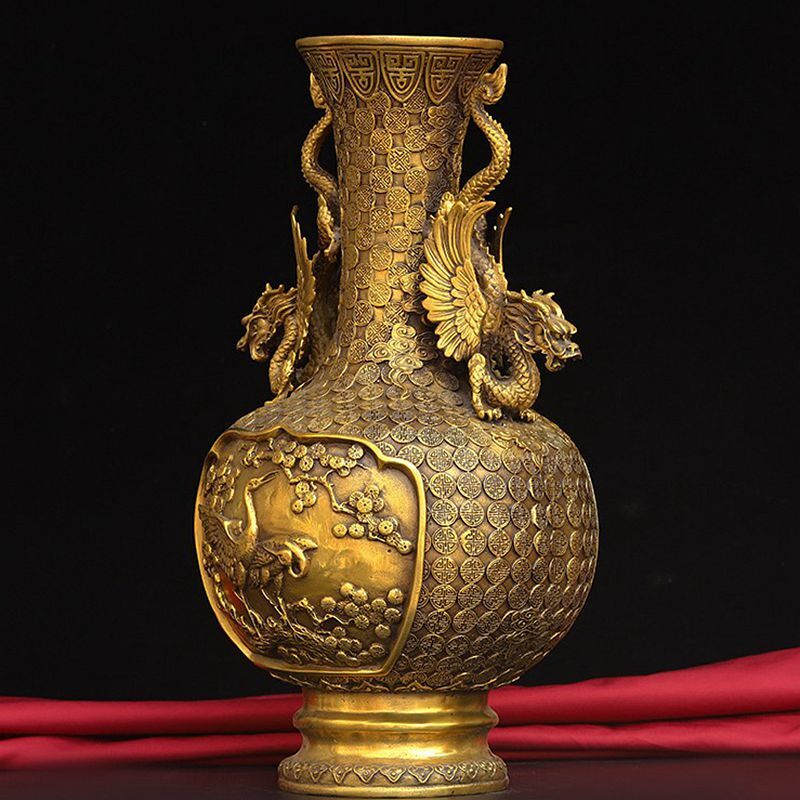 纯铜龙凤仙鹤花瓶一对黄铜干花瓶工艺品家居办公室吧台装饰摆件
