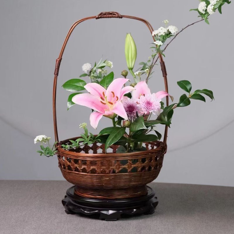 中式插花手提花篮复古竹编花瓶花器手工编织篮子客厅禅意花道摆件
