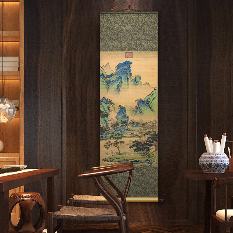 仇英春山吟赏图中式丝绸卷轴挂画竖版茶室客厅装饰画书房玄关墙画