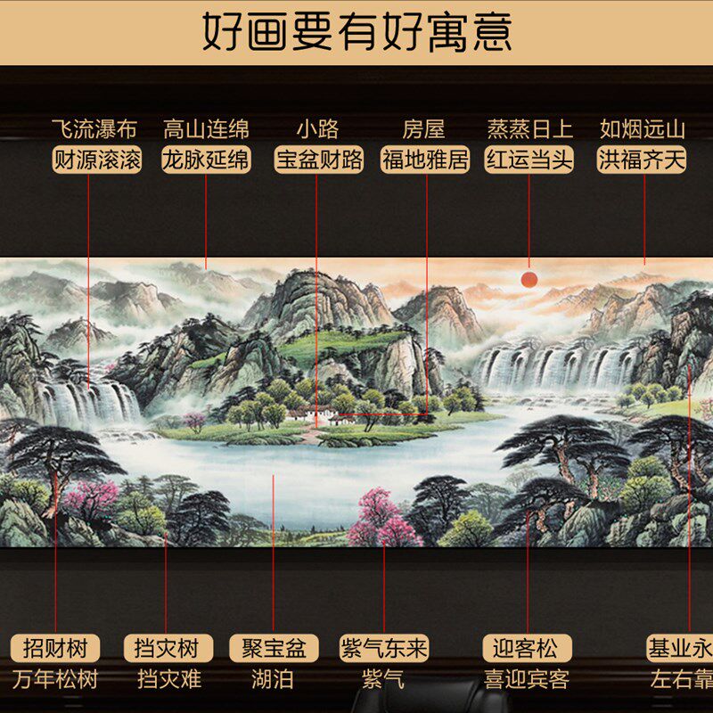 数字油画填色油彩画旭日东昇聚宝盆办公室装饰画风景山水客厅国画