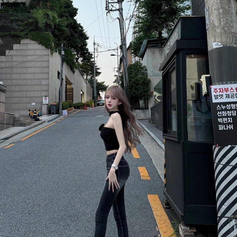 韩国新款gus*e黑灰色水洗磨白小脚裤百搭高腰修身弹力铅笔九分裤