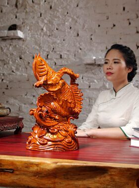 花梨木雕金龙献瑞摆件实木质金龙鱼工艺品家居客厅电视柜装饰送礼
