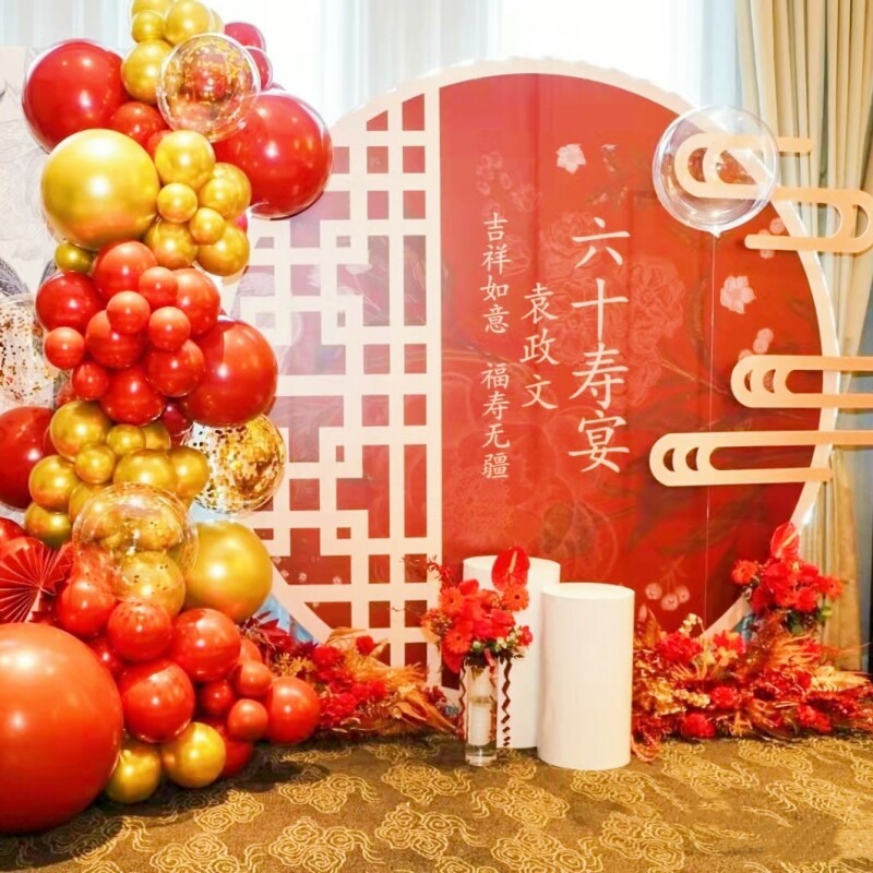 长辈寿宴生日布置八十大寿字饭店客厅背景墙中式红色KT板气球装饰