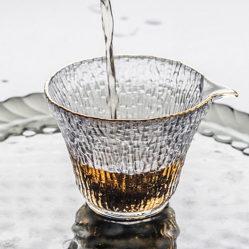 玻璃品茗杯纯手工树纹茶杯锤纹公杯分茶器功夫茶泡茶碗金边盖碗