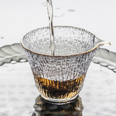 玻璃品茗杯纯手工树纹茶杯锤纹公杯分茶器功夫茶泡茶碗金边盖碗