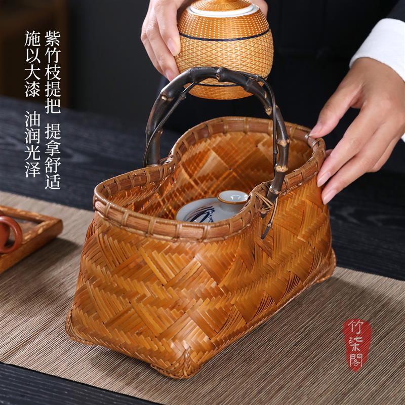 手工竹编提篮提盒紫竹把手果篮大漆竹制收纳食盒茶具点心篮子竹筐