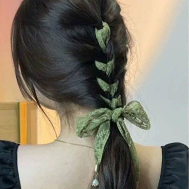 法式吊坠蕾丝绿色编发飘带发带女气质绑发镂空花朵小丝巾洋气头饰
