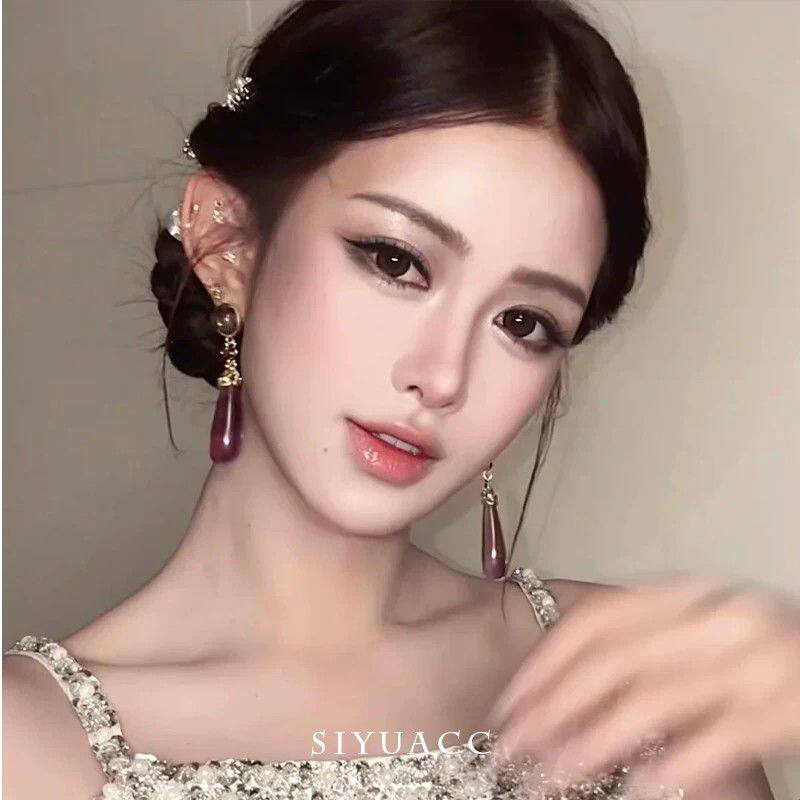 柳智敏同款紫色水晶水滴耳环女复古轻奢高级感耳坠耳钉氛围感耳饰