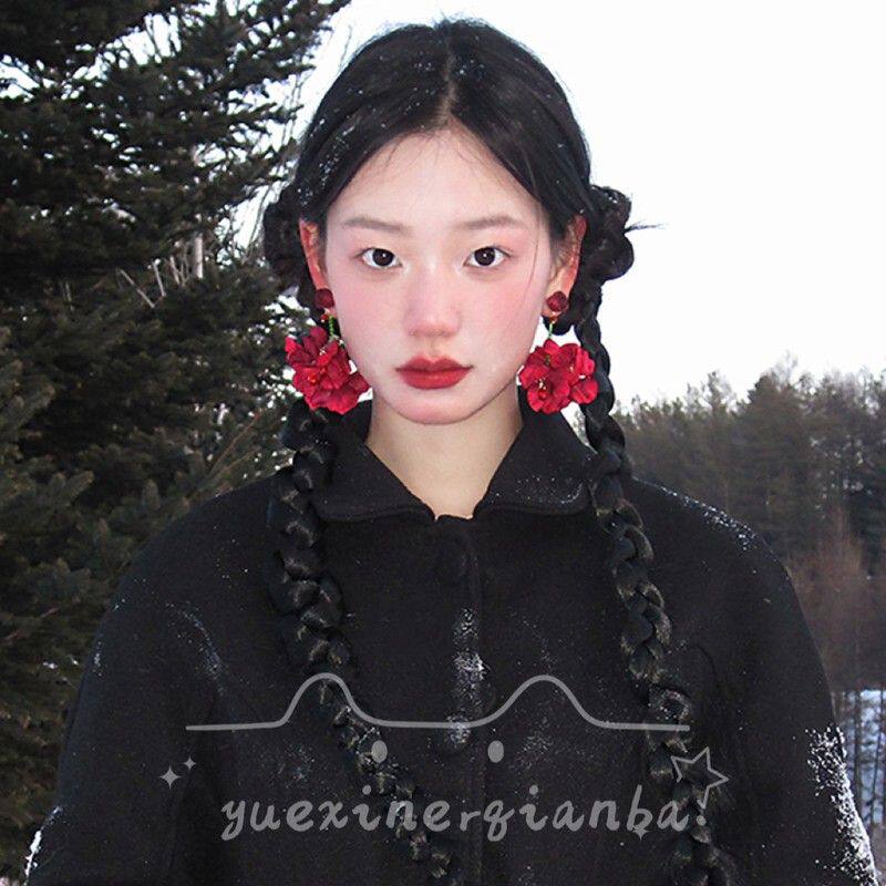 钟楚曦同款红色玫瑰花流苏耳环耳钉出游拍照高级感显脸小时髦耳饰