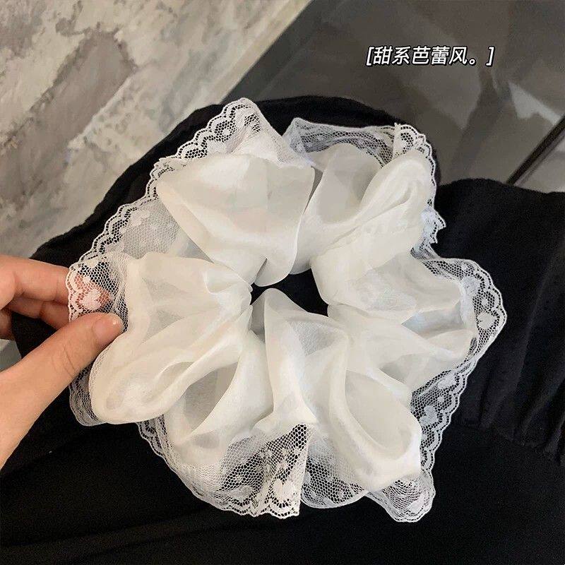 ins韩系白色蕾丝边网纱发圈温柔百搭大肠圈马尾扎发头绳发饰头饰