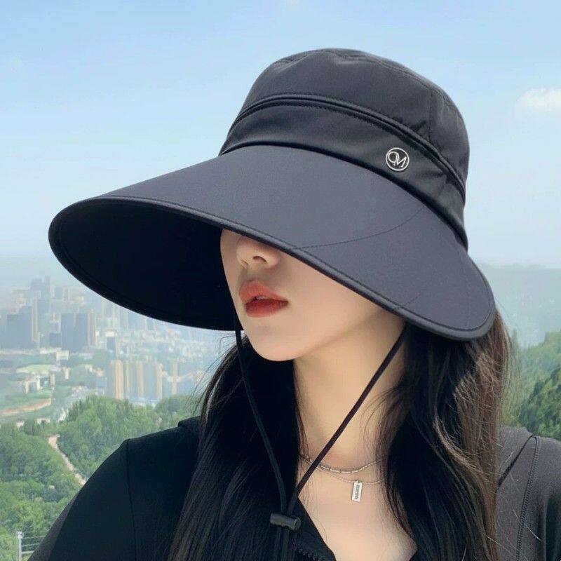 帽顶可拆卸黑胶大帽檐渔夫帽子遮阳帽女防晒防紫外线扎马尾空顶帽