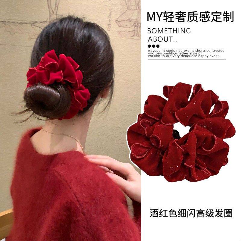 明媚东方红~红色细闪精致复古花苞头花肠圈卷边精致发圈发圈马尾