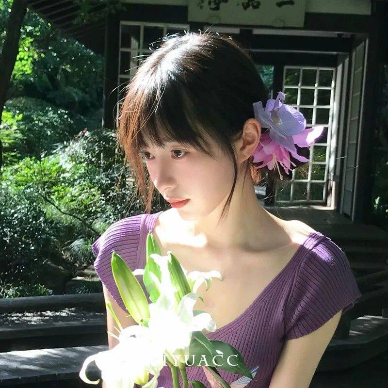 新中式仙气紫色花朵发夹女夏季出游度假拍照头花发卡气质发饰头饰