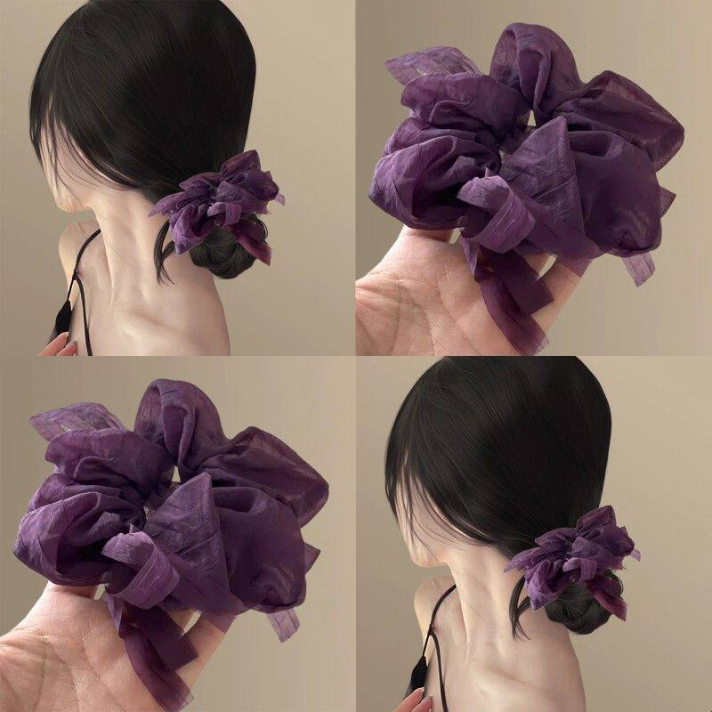紫色纱雾!雪纺打结蝴蝶结大肠发圈女芭蕾风头花盘发头绳马尾发饰