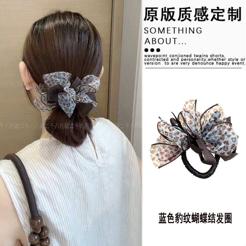 韩系蓝色豹纹纱纱蝴蝶结小肠发圈气质高级百搭通勤高弹力头绳发饰