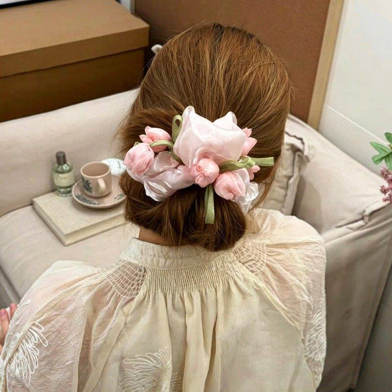 超仙粉色郁金香花朵大肠发圈女2026新款高弹力丸子头头绳皮筋头饰