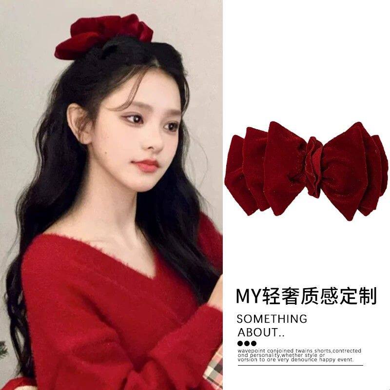 在逃公主~过新年红色丝绒蝴蝶结发夹女后脑勺法式高级弹簧夹发饰