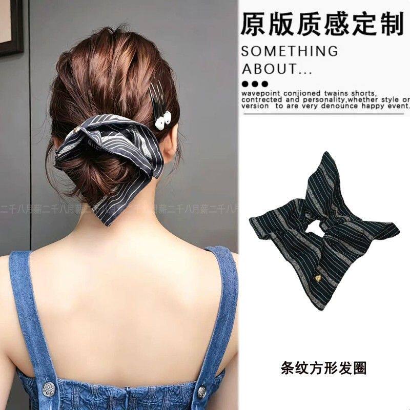 韩系慵懒风条纹方巾大肠发圈女气质高级感扎低丸子头发绳头绳发饰