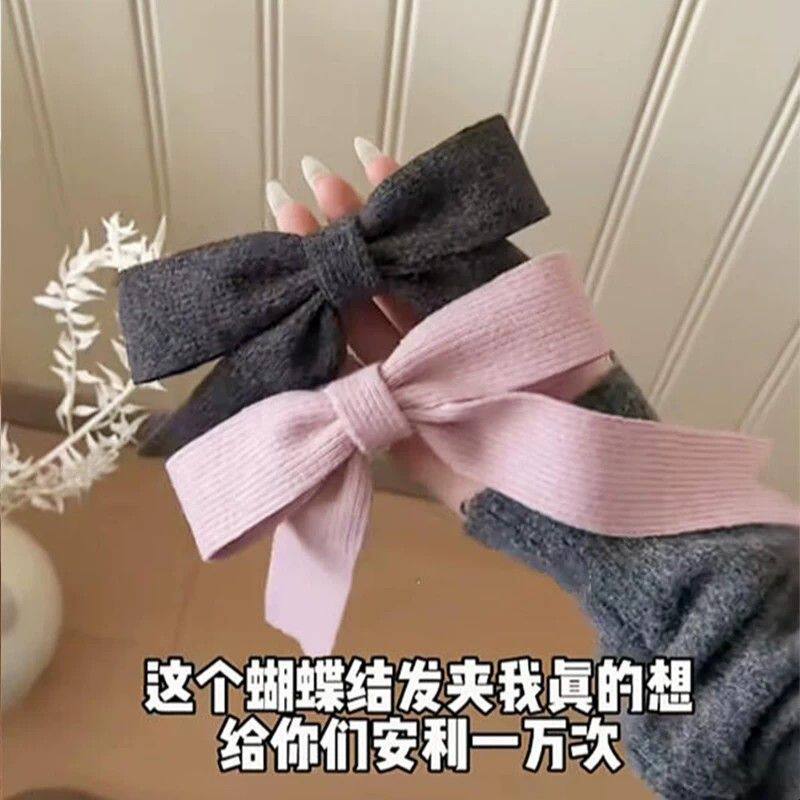 秋冬新款螺纹燕尾飘带蝴蝶结发夹女超大号韩系鸭嘴夹气质针织顶夹