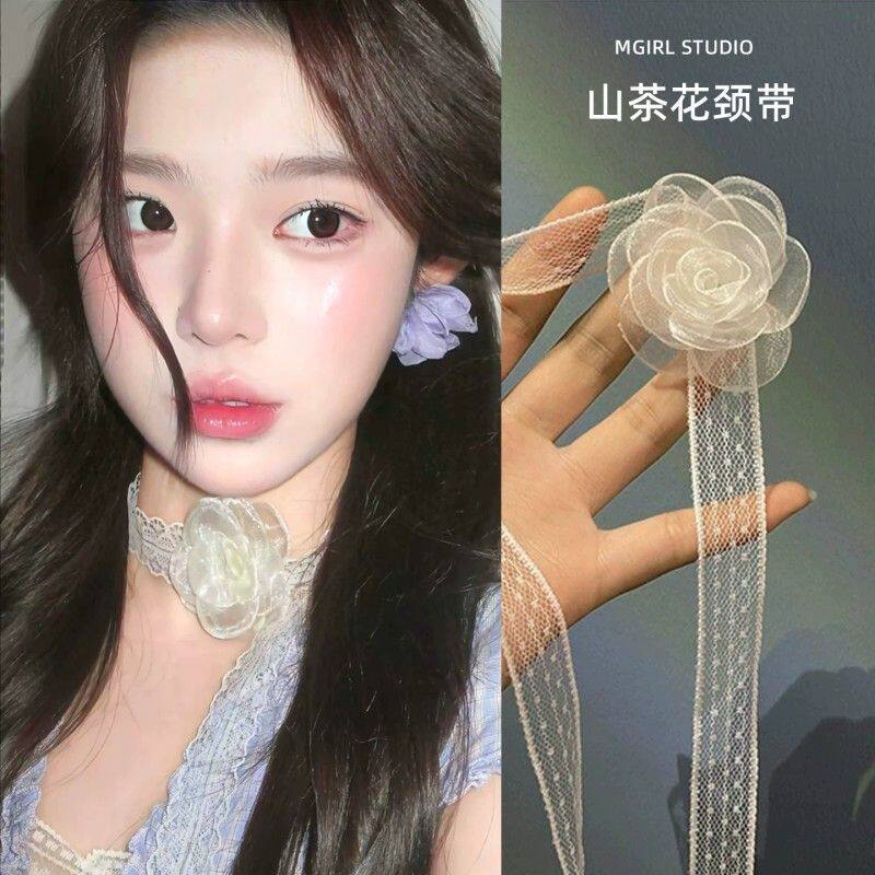 韩式choker网纱山茶花项链颈带米白蕾丝少女气质项圈超仙锁骨链女