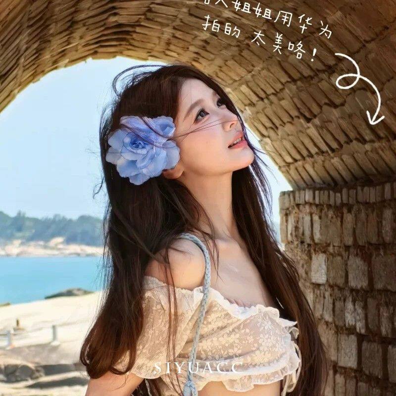 甜美蓝色花朵发夹女夏季海边度假氛围感头花发卡侧边夹头饰发饰