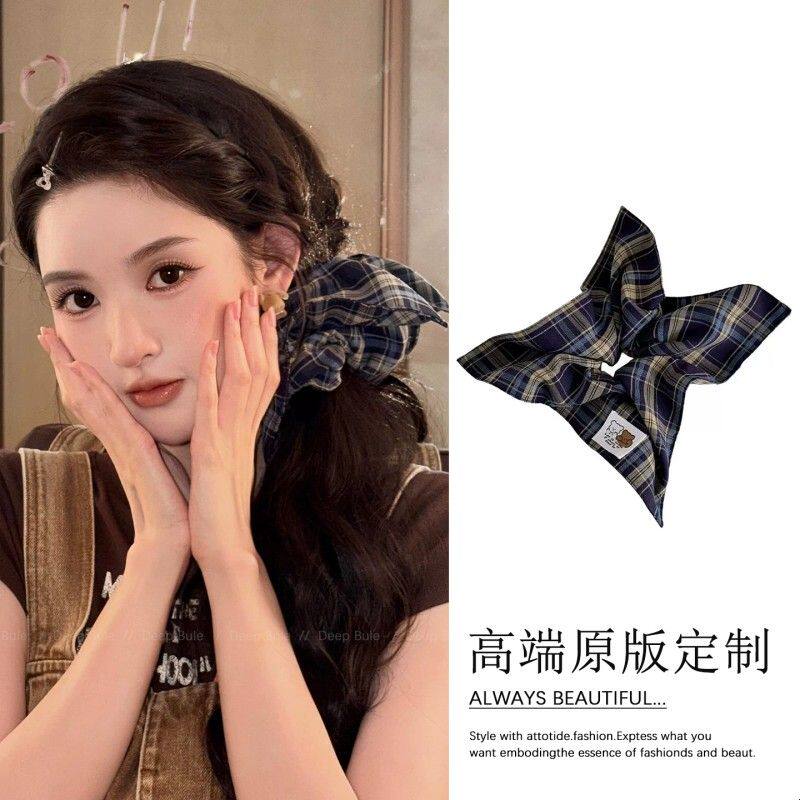王玉雯同款可爱小熊蓝色格子大肠发圈女高级感扎头方巾头绳头花