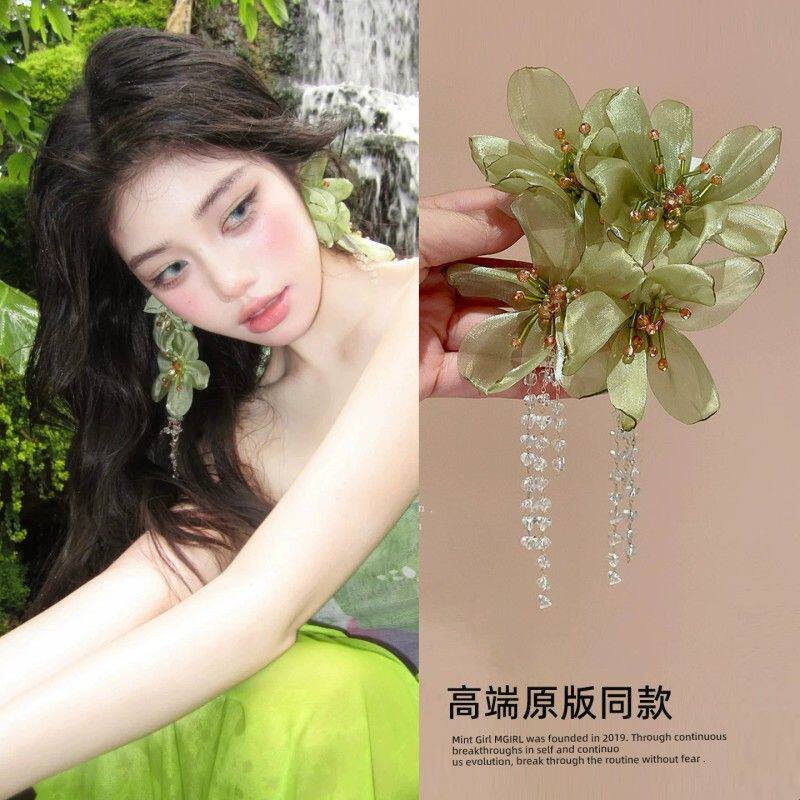 绿野仙踪~清新花朵双层耳环小众设计水晶流苏耳坠2025年新款爆款