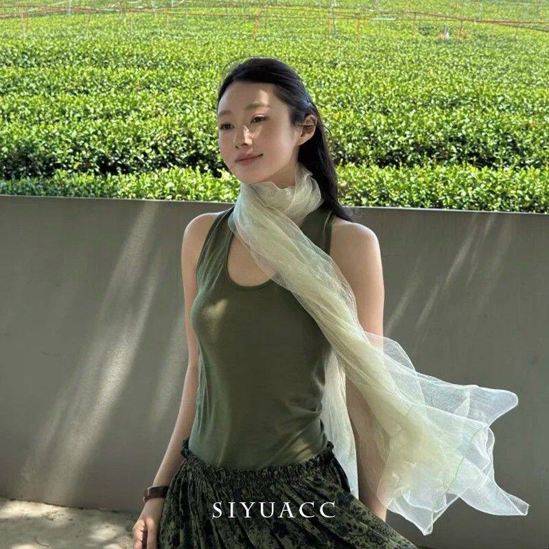 浅绿色薄款网纱丝巾围巾春夏小众纱巾文艺氛围感系脖穿搭披肩女