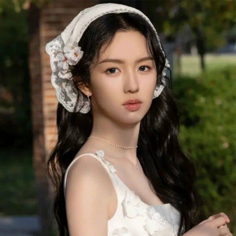 周也同款蕾丝花朵头巾法式田园风装饰三角巾洋气拍照绑发发带发饰