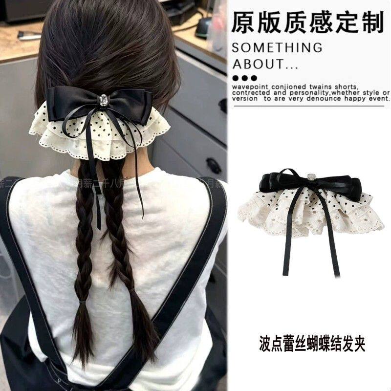 韩系温柔风黑白波点蕾丝蝴蝶结发夹横夹气质半扎发弹簧夹顶夹头饰