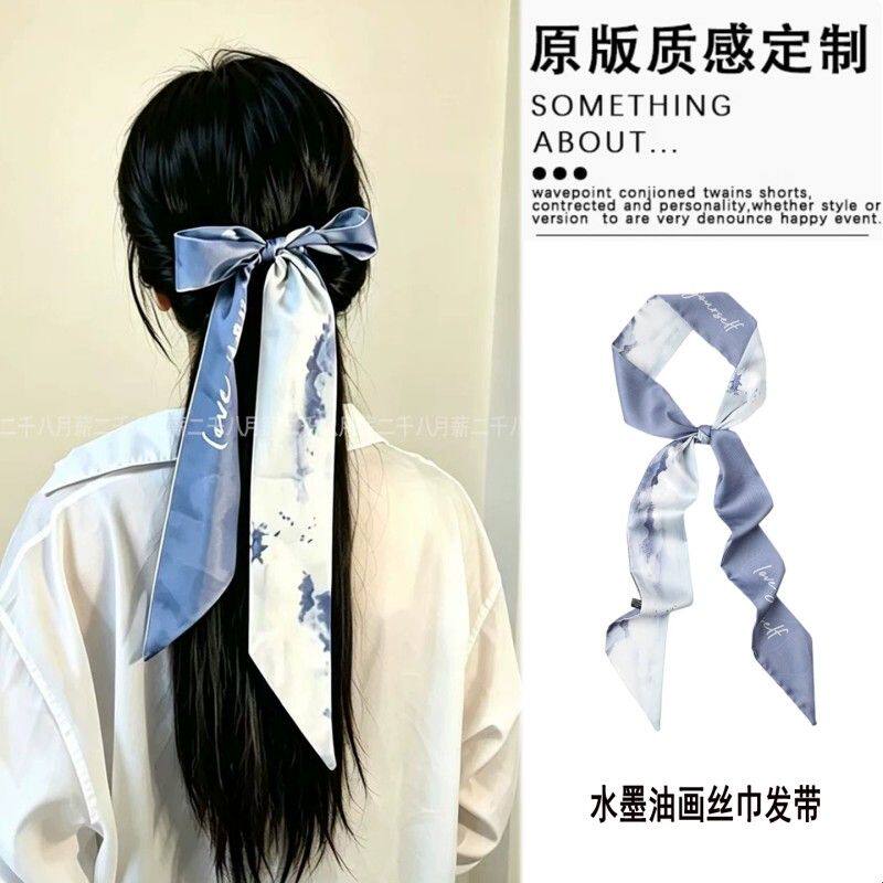 新款水墨油画丝巾发带高级感长款飘带扎头发丝带百搭衬衫领巾两用