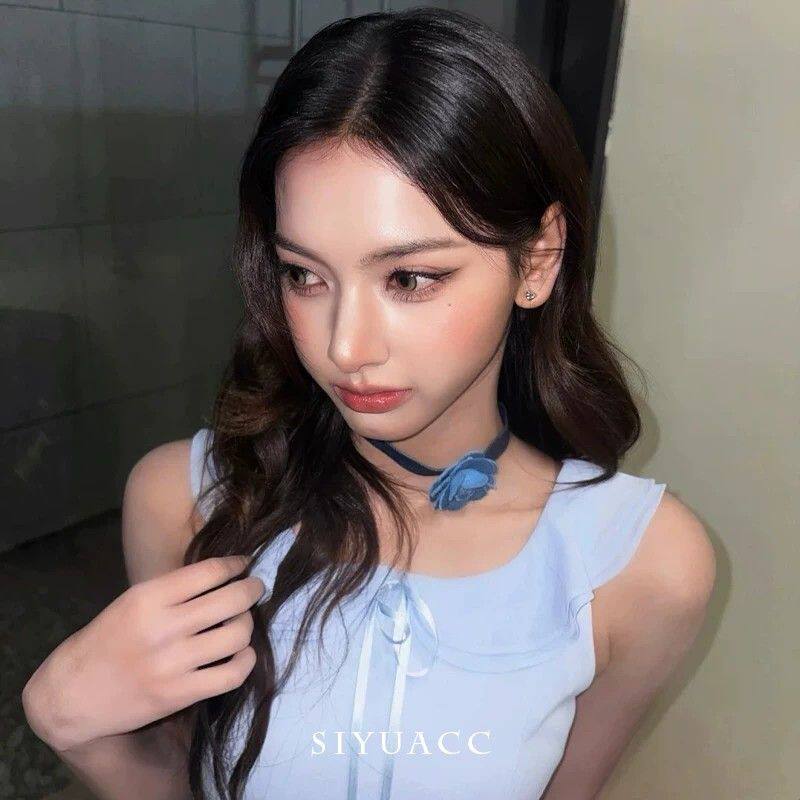 仁美同款蓝色牛仔山茶花颈链choker韩系花朵项链脖链出游锁骨链女