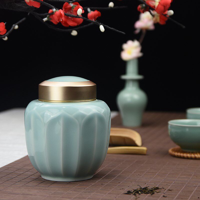 祺峻青瓷大码锡罐手工茶叶罐陶瓷紫砂大号茶具精品普洱密封罐